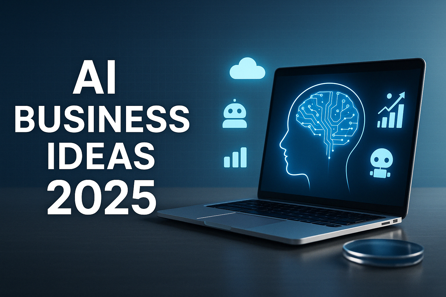 AI business ideas 2025 concept with laptop, digital brain, and growth icons