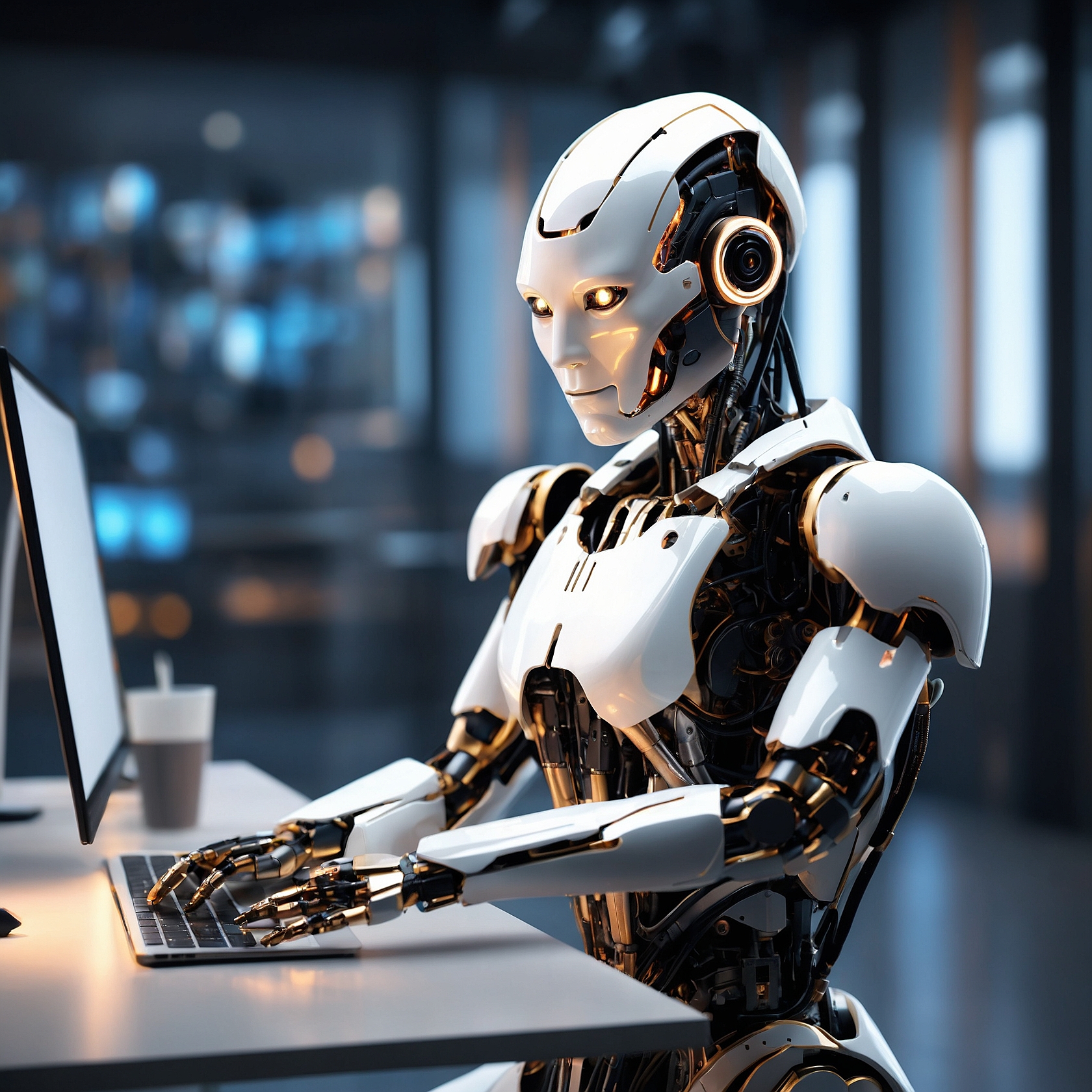 A futuristic digital workspace showcasing an AI-powered humanoid robot assembling creative content elements — symbolizing automated generation of marketing visuals, videos, and written assets for modern brand campaigns.