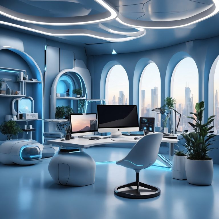 A sleek, editorial-style 3D illustration of a modern software development workspace with futuristic design elements, arched windows, ambient lighting, and an AI-enhanced desktop setup — evoking creativity and innovation for startups and digital creators.