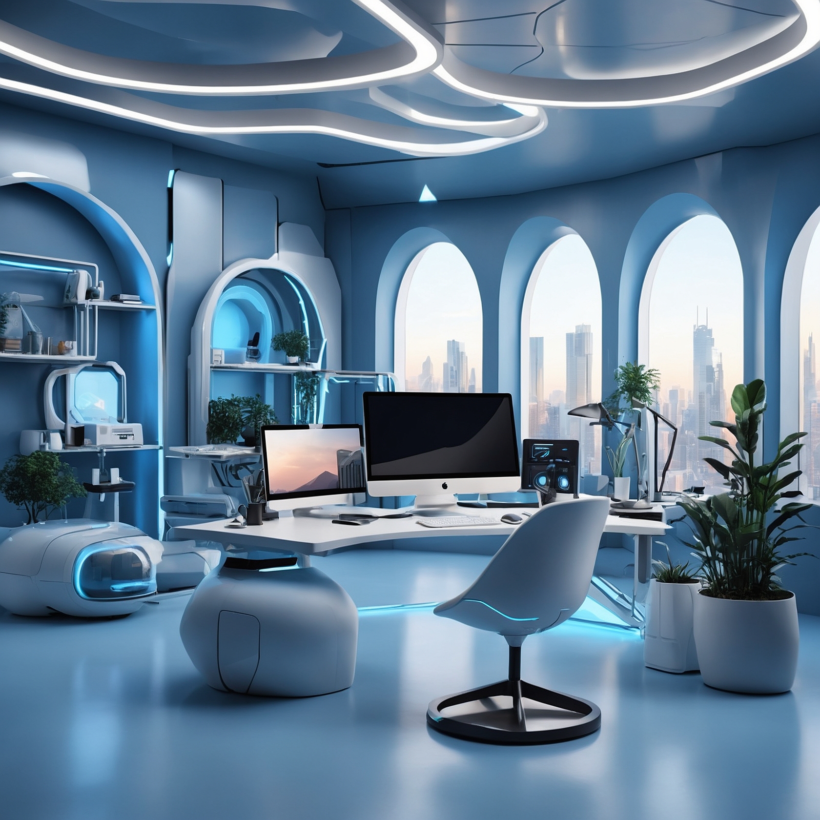 A sleek, editorial-style 3D illustration of a modern software development workspace with futuristic design elements, arched windows, ambient lighting, and an AI-enhanced desktop setup — evoking creativity and innovation for startups and digital creators.