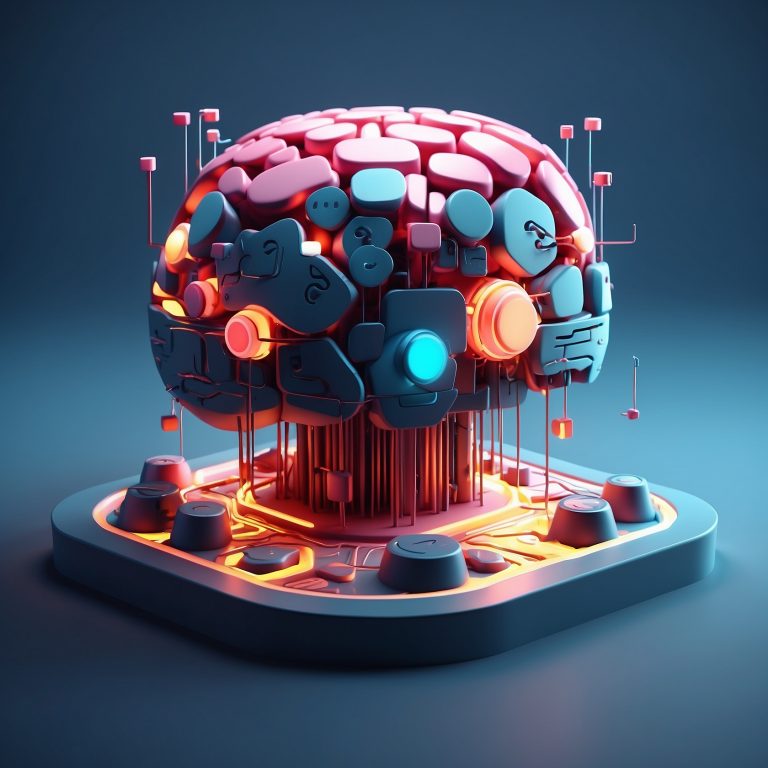 A clean, stylized 3D illustration of an AI-powered brain hub connected to task modules — symbolizing AI-generated content creation and automation.